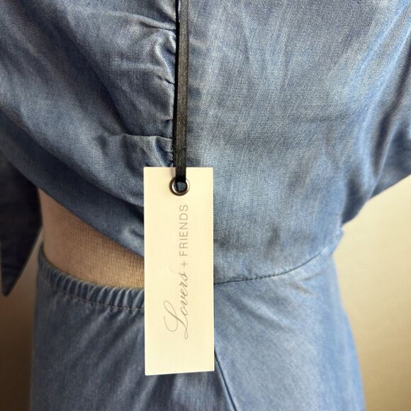 Lovers & Friends Chambray Midi Dress Size Small Tie Front Tencel Cutout Waist - Picture 7 of 11